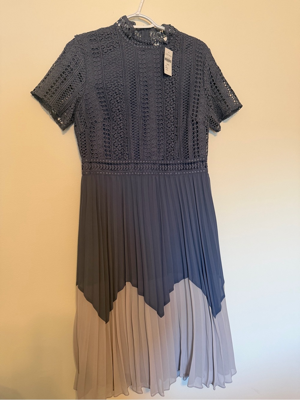 bohme Navy and Light Gray Pleated Lace Midi Dress